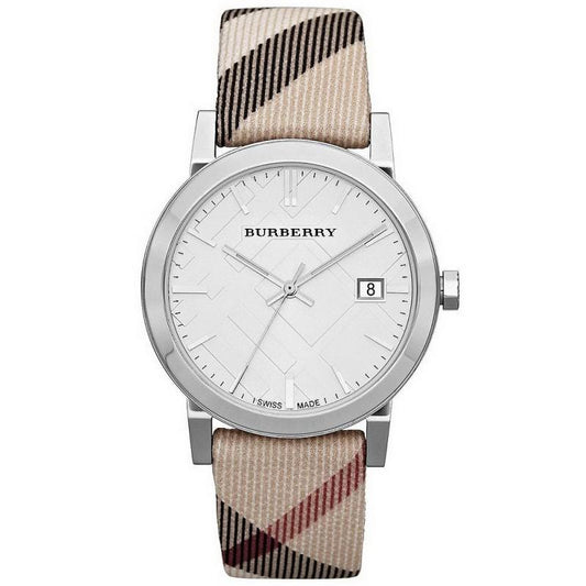 Burberry watch with checkered strap on a white background