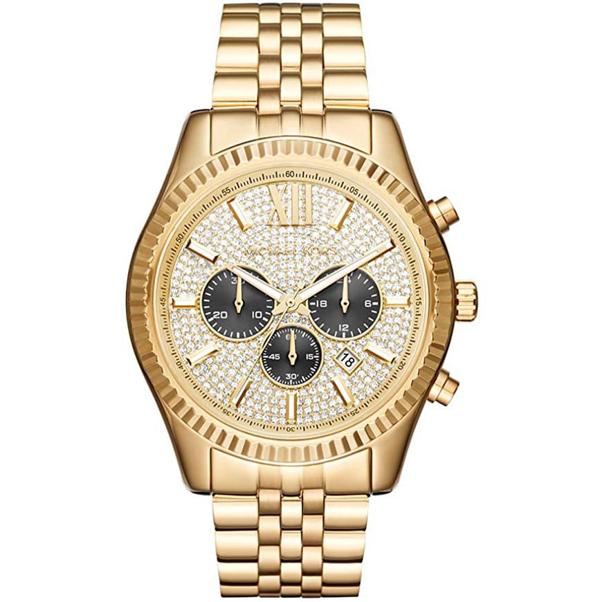 Gold watch with a detailed face on a white background