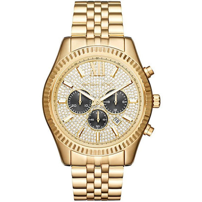 Gold watch with a detailed face on a white background