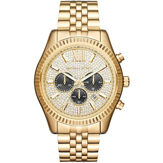 Gold watch with a detailed face on a white background