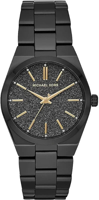 Black Michael Kors watch with a glittery face on a white background