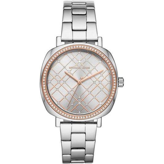 Silver watch with a detailed face on a white background