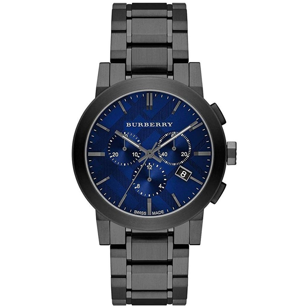 Burberry watch with blue face and black metal strap on white background