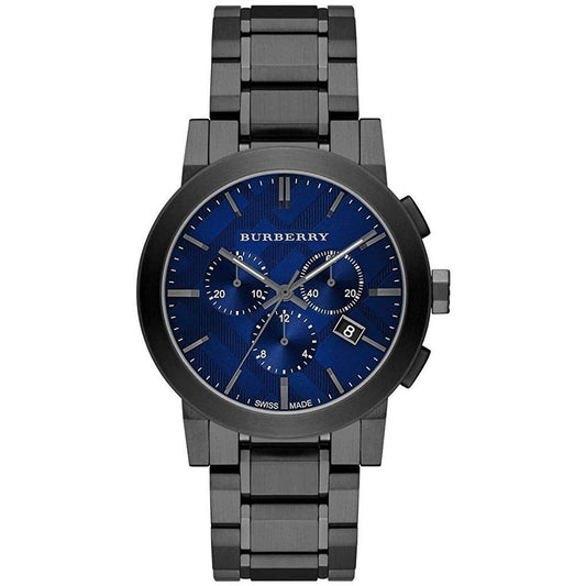 Burberry watch with blue face and black metal strap on white background