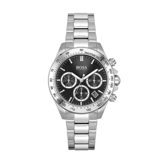 Silver watch with black dial on a white background