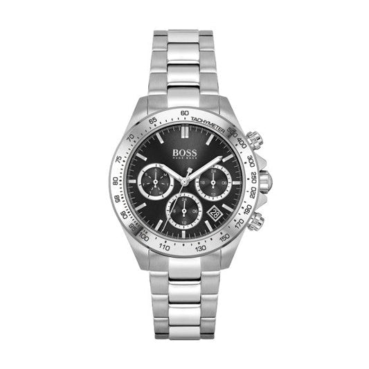Silver watch with black dial on a white background