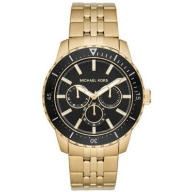 Gold watch with black face on a white background