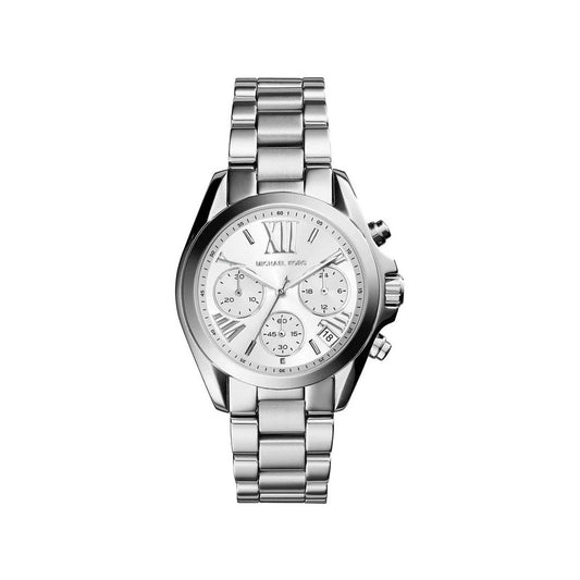 Silver watch with a detailed face on a white background