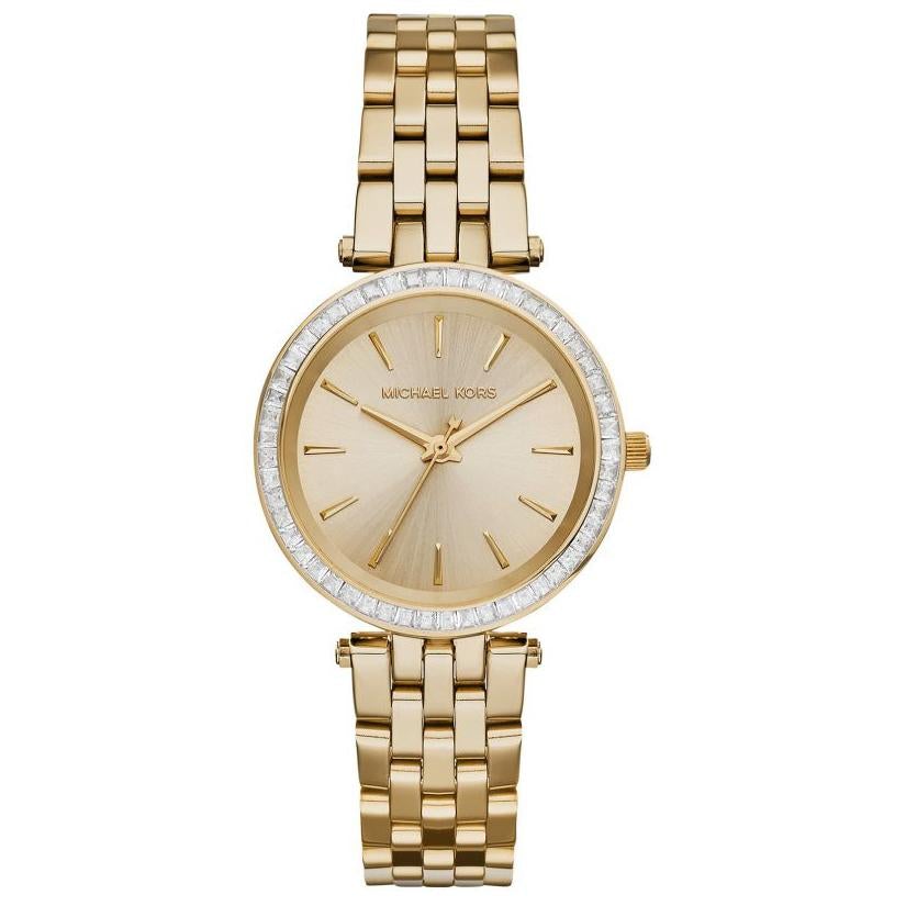 Gold watch with a white face on a white background