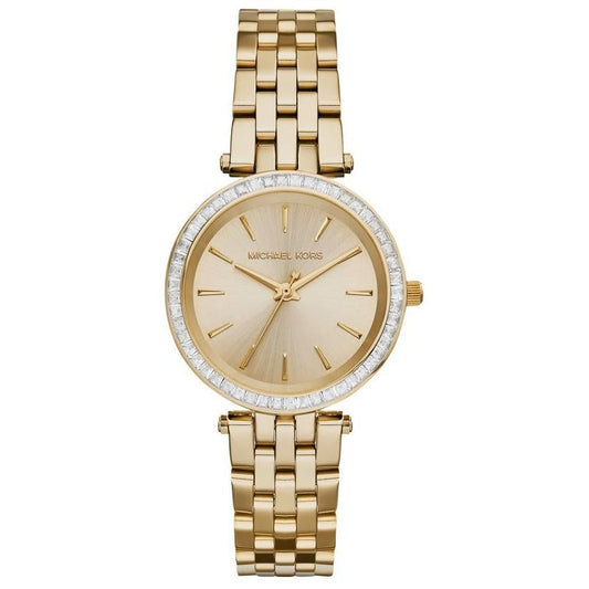 Gold watch with a white face on a white background