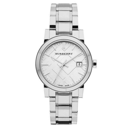 Silver Burberry watch with a white face on a white background