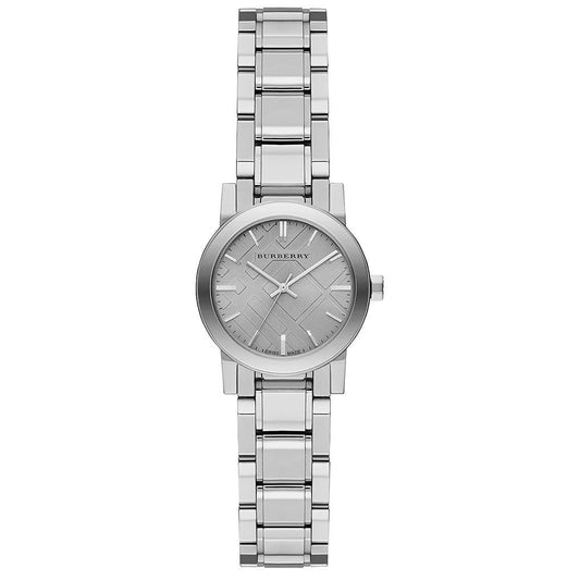 Silver Burberry watch with a grid pattern on a white background