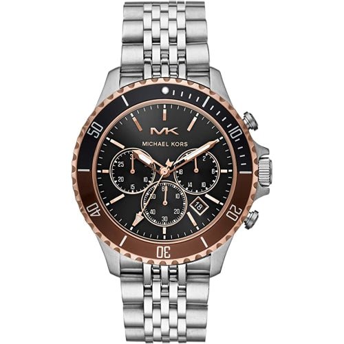 Michael Kors watch with black dial and silver bracelet on a white background