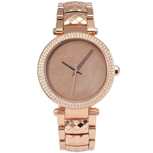 Rose gold watch with a beige face on a white background