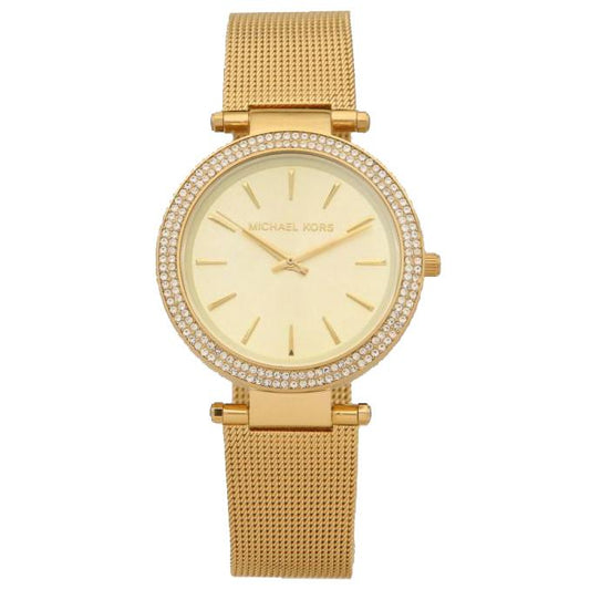Gold watch with mesh band and gemstone accents on a white background