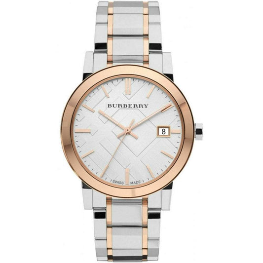 Burberry watch with two-tone rose gold and silver bracelet on a white background