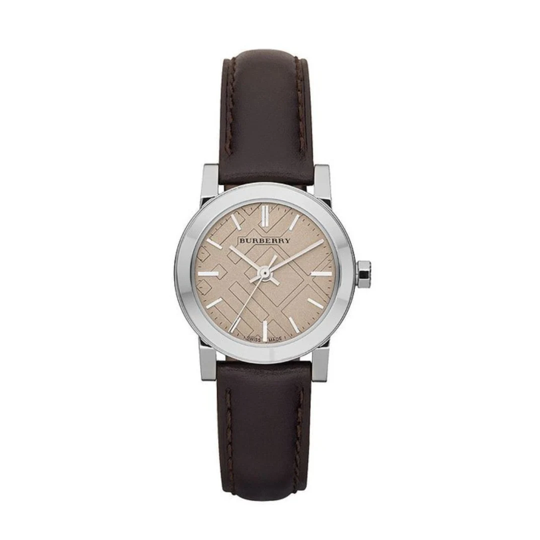 Burberry watch with brown leather strap and beige dial on a white background