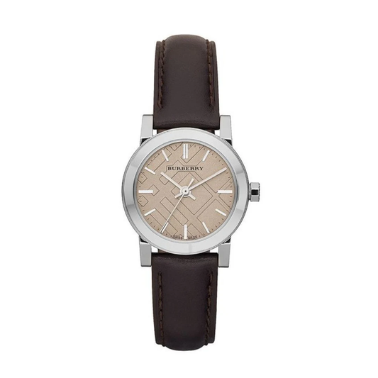 Burberry watch with brown leather strap and beige dial on a white background