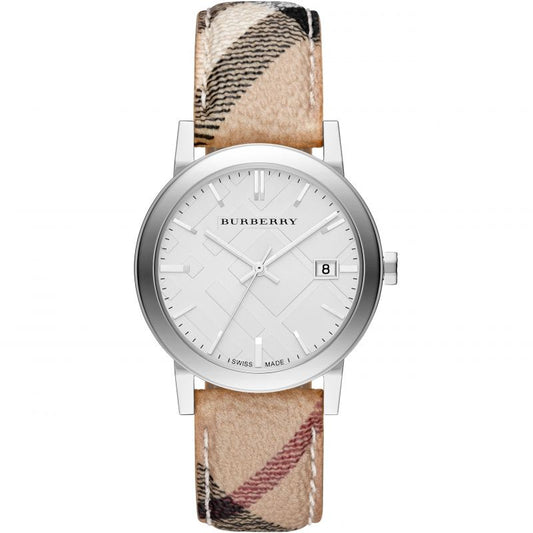 Burberry watch with checkered strap on a white background