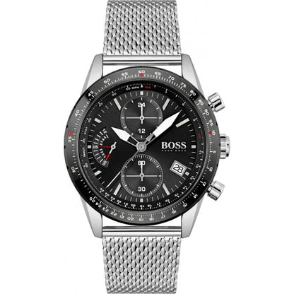 Silver watch with black dial on a white background