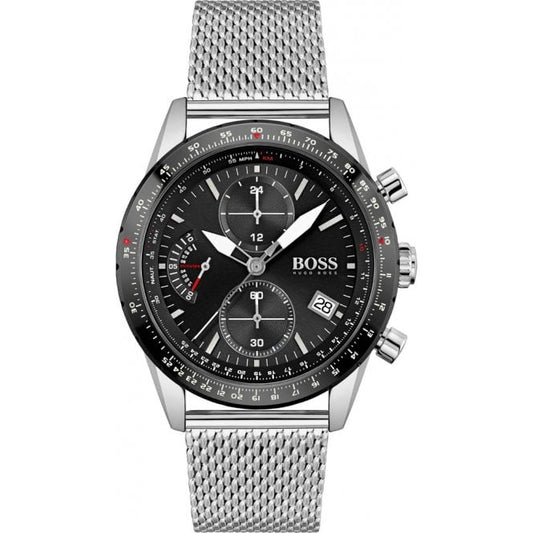 Silver watch with black dial on a white background