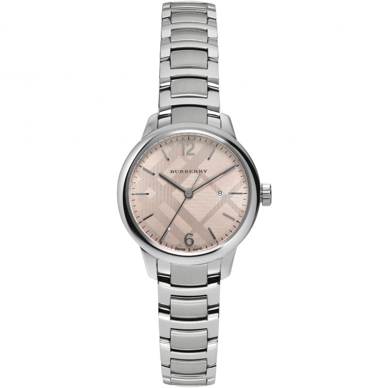 Silver Burberry watch with a beige face on a white background