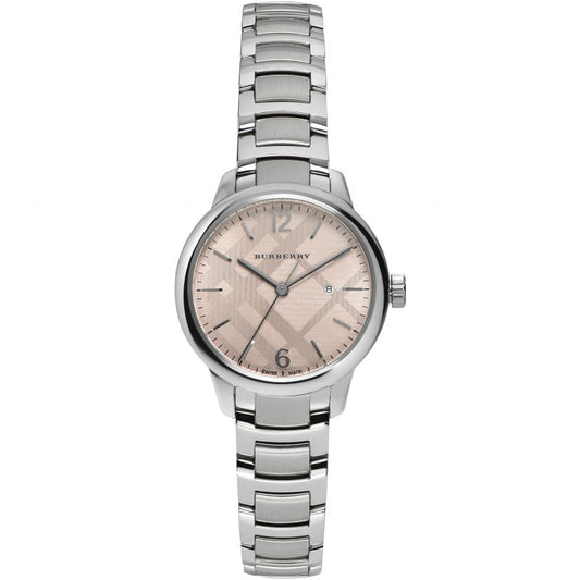 Silver Burberry watch with a beige face on a white background