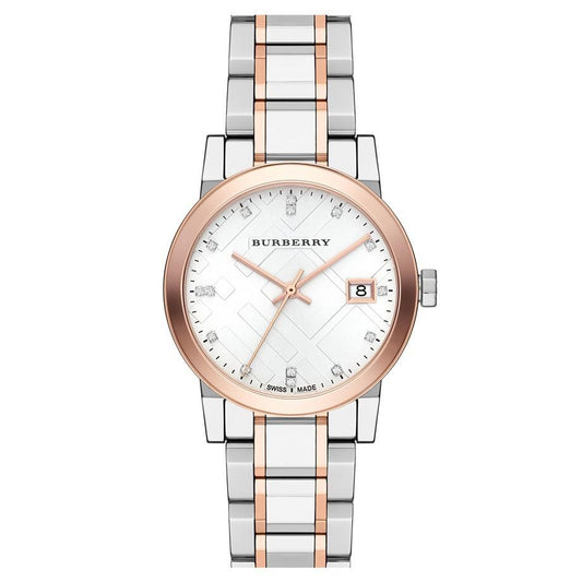 Burberry watch with two-tone rose gold and silver bracelet on a white background