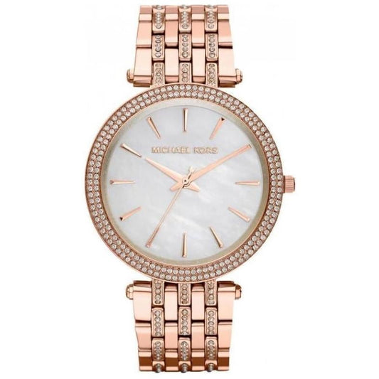 Rose gold watch with a white face on a white background