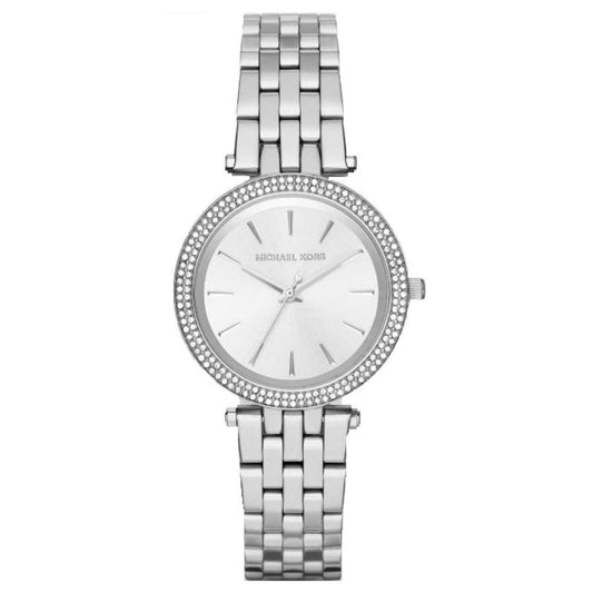 Silver watch with a detailed face on a white background