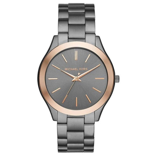Michael Kors watch with rose gold bezel and gray bracelet on white background