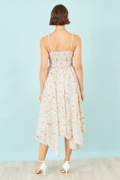 White Botanical Embroidery Fabric Handkerchief Hem Dress - Bascora