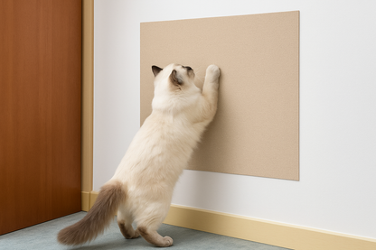 White cat stretching up to scratch beige wall mat