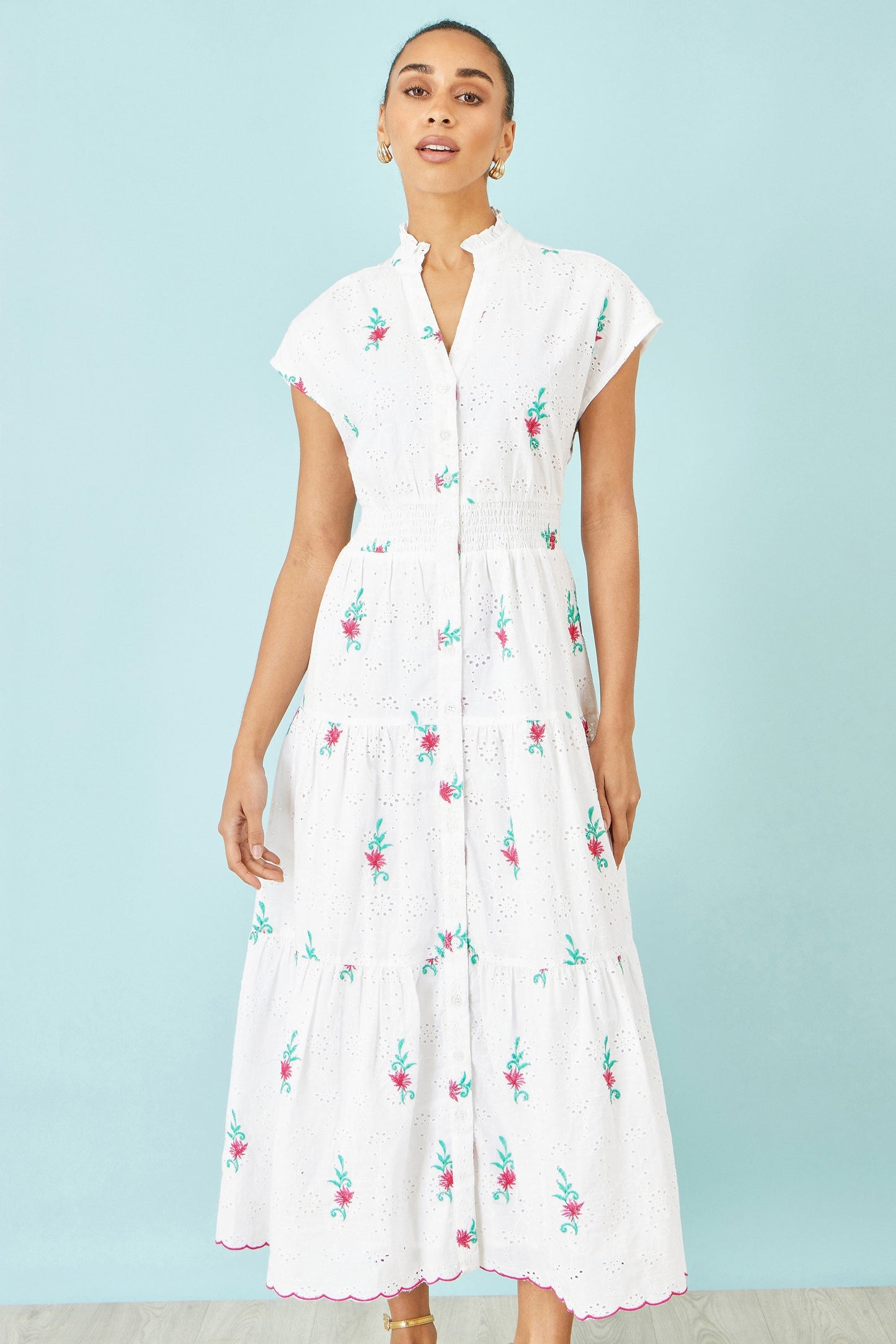 White Cotton Broderie Anglaise Embroidered Midi Dress - Bascora