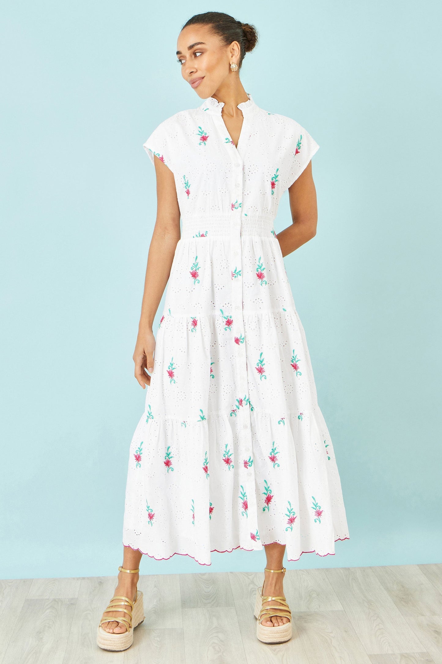 White Cotton Broderie Anglaise Embroidered Midi Dress - Bascora