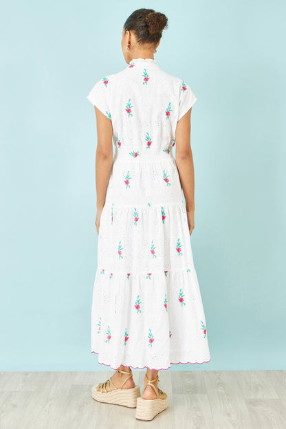 White Cotton Broderie Anglaise Embroidered Midi Dress - Bascora