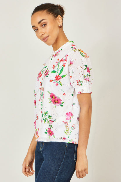 White Cotton Broderie Anglaise Floral Shirt - Bascora