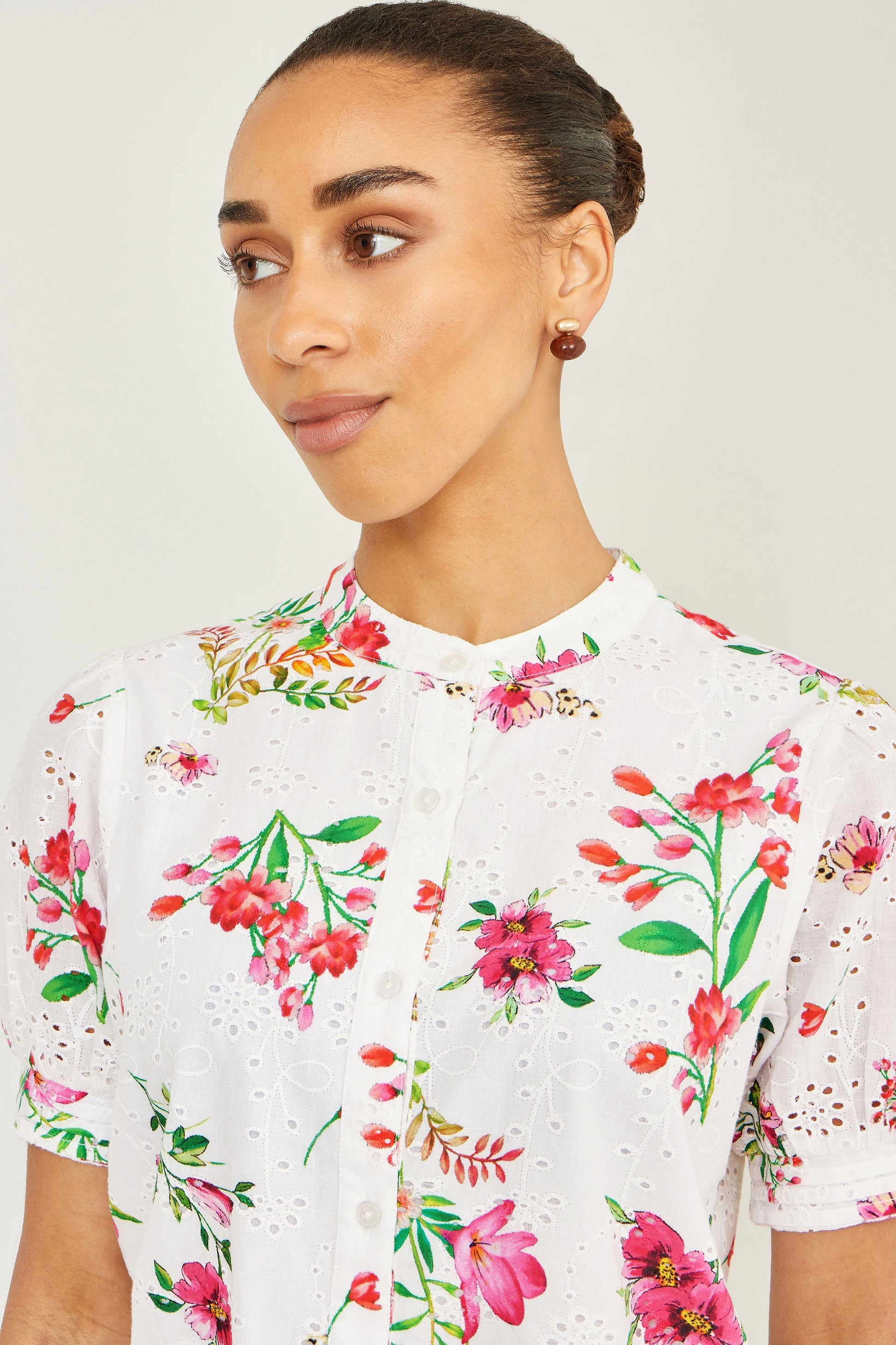 White Cotton Broderie Anglaise Floral Shirt - Bascora