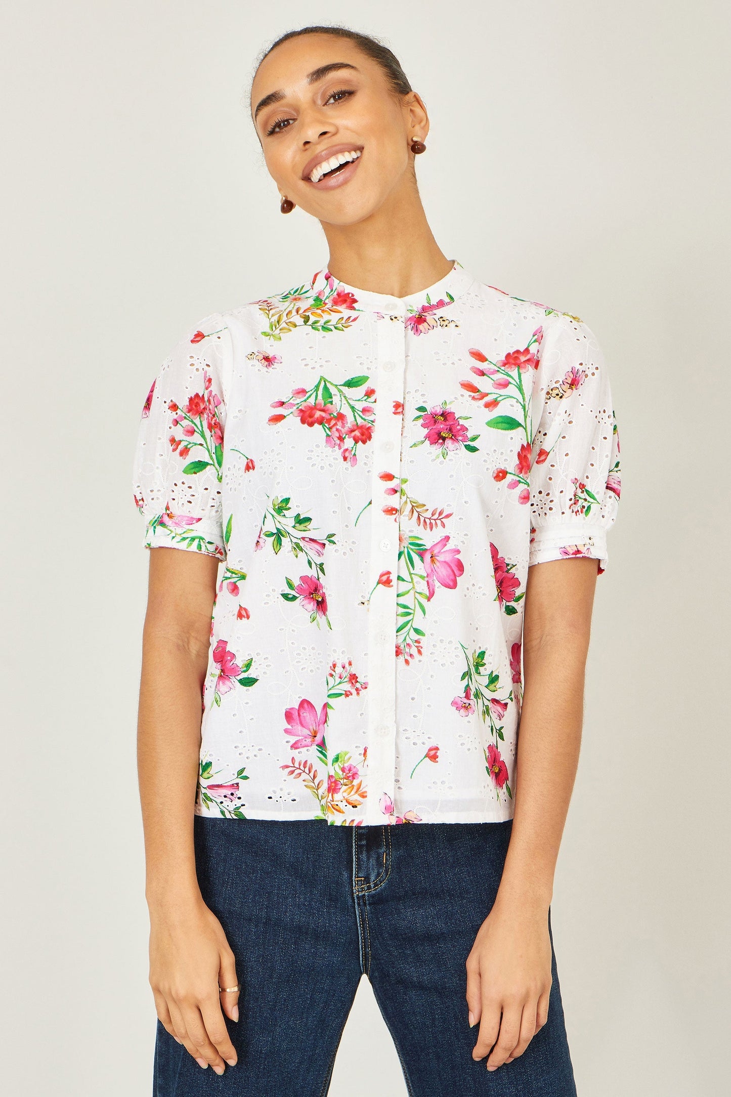 White Cotton Broderie Anglaise Floral Shirt - Bascora