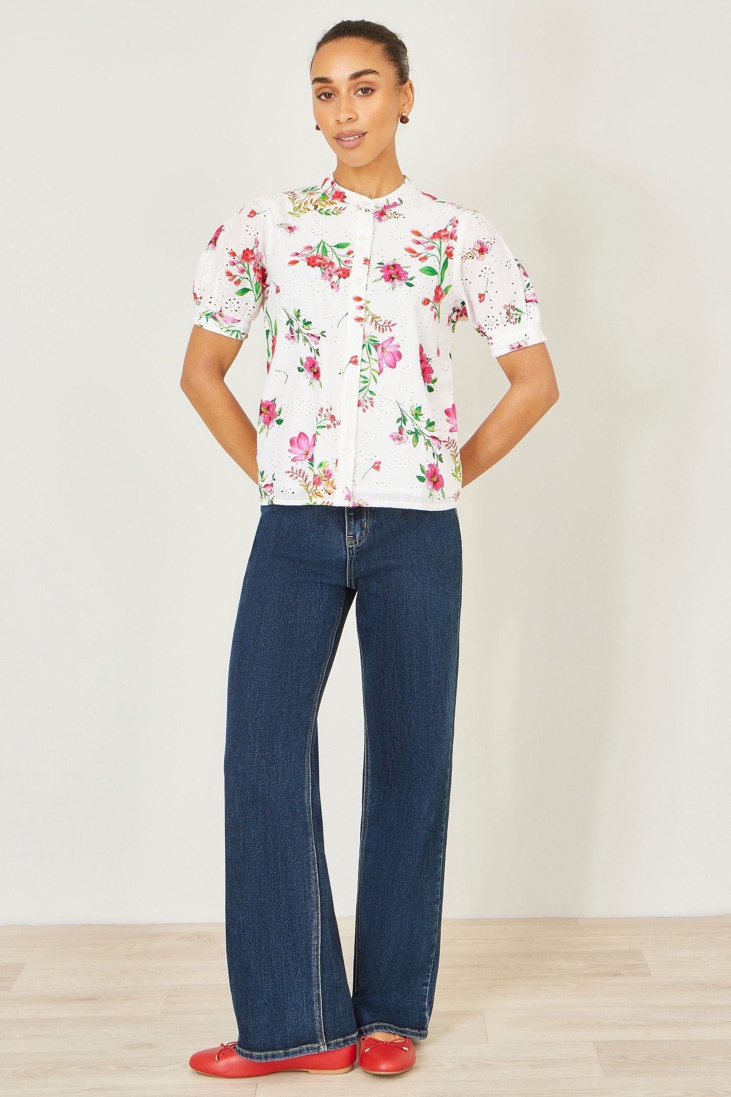 White Cotton Broderie Anglaise Floral Shirt - Bascora