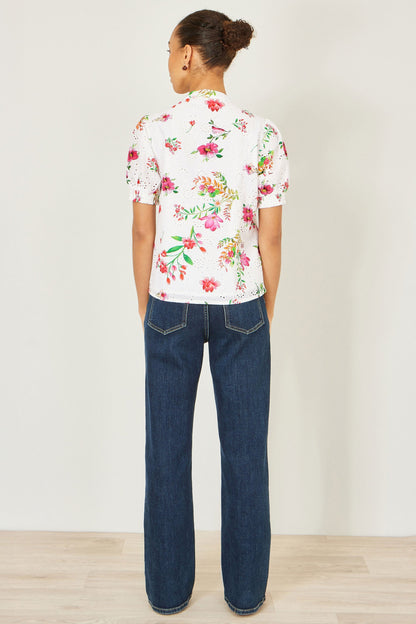 White Cotton Broderie Anglaise Floral Shirt - Bascora