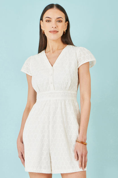 White Cotton Broderie Anglaise Playsuit - Bascora