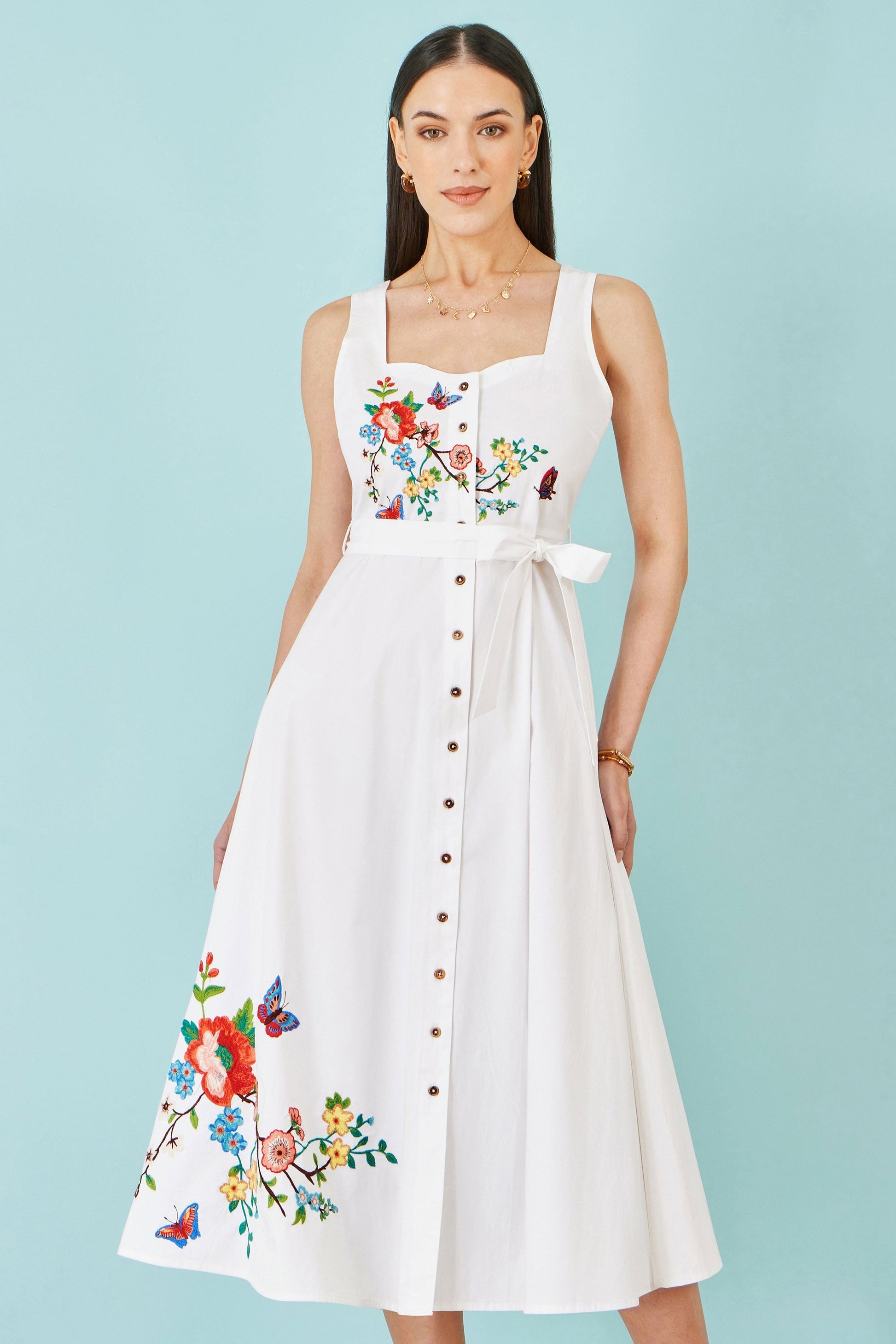 White Cotton Midi Dress With Embroidery - Bascora