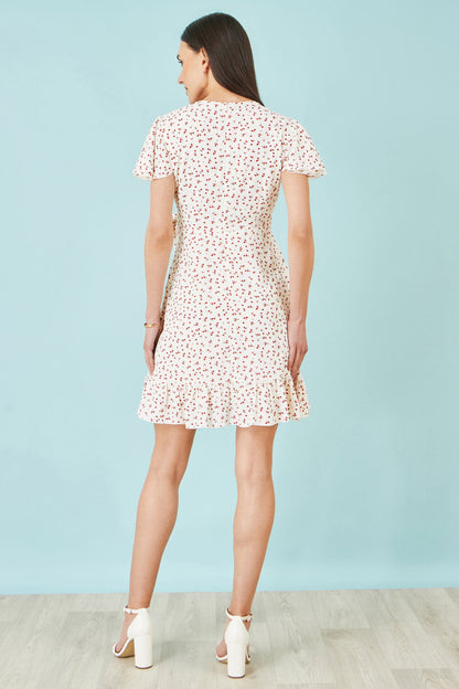 White Ditsy Print Frill Wrap Dress - Bascora