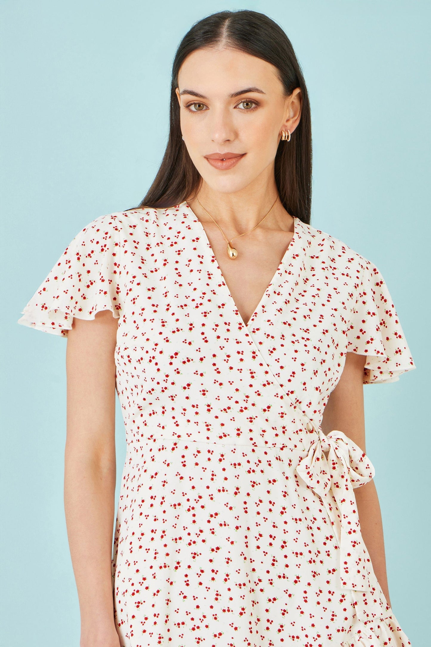 White Ditsy Print Frill Wrap Dress - Bascora