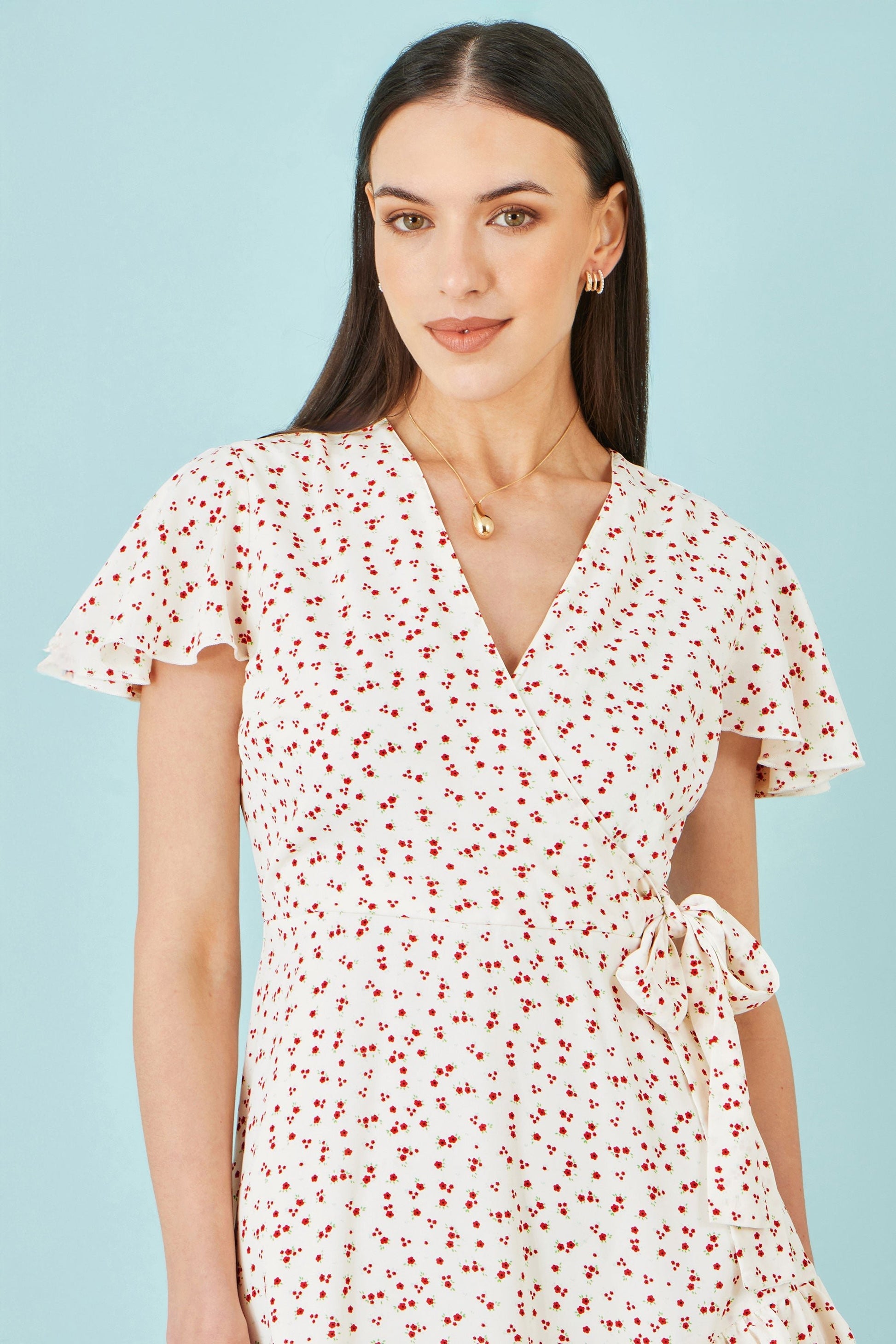 White Ditsy Print Frill Wrap Dress - Bascora