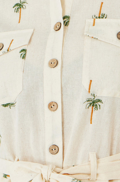 White Embroidered Palm Print Cotton Playsuit - Bascora