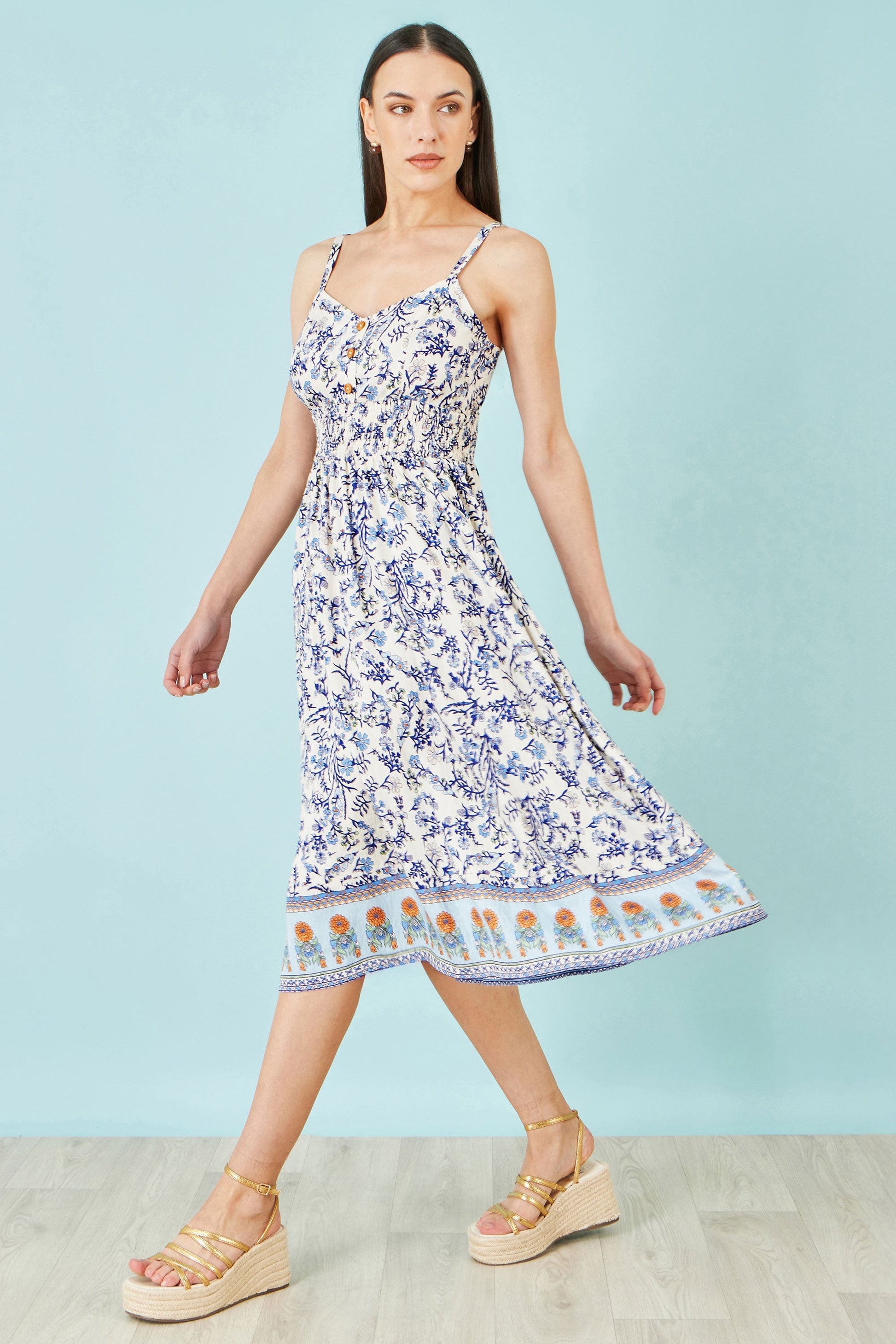 White Floral Border Print Viscose Midi Sun Dress - Bascora
