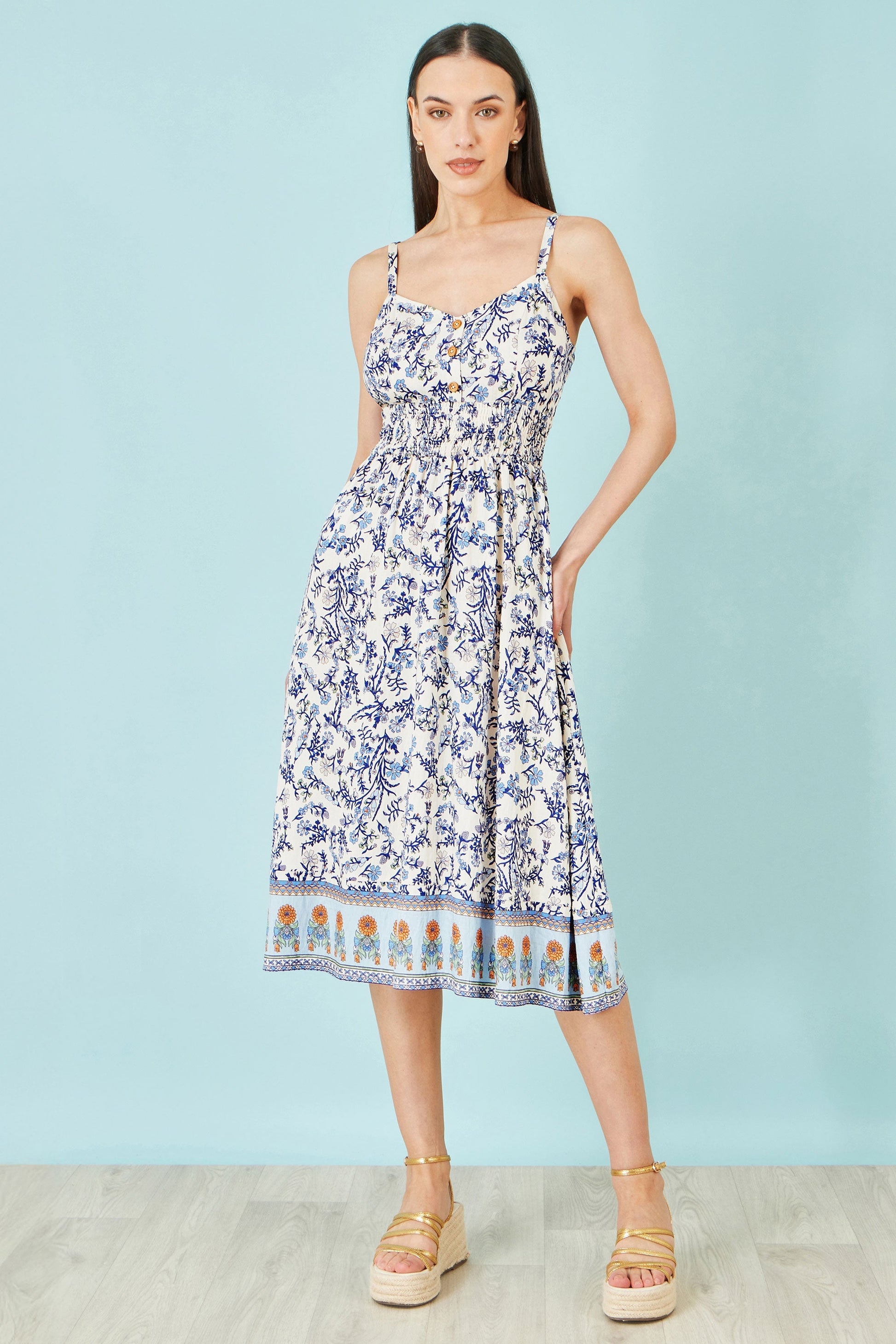 White Floral Border Print Viscose Midi Sun Dress - Bascora