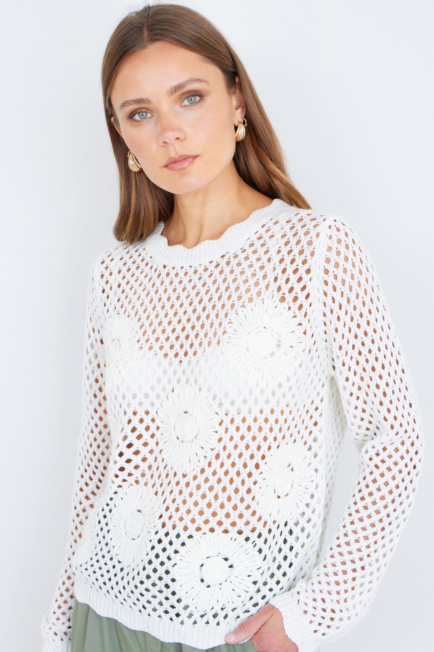 White Flower Crochet Jumper - Bascora